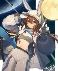  absurdres amiya_(arknights) amiya_(guard)_(arknights) amiya_(guard)_(touch_the_stars)_(arknights) arknights artist_name blue_eyes breasts brown_hair commentary_request crop_top cropped_shirt dated female gloves hair_between_eyes highres hood hood_up hooded_jacket jacket long_hair long_sleeves looking_at_viewer midriff navel official_alternate_costume open_clothes pants people&#039;s_republic_of_china_flag planet shirt small_breasts smile solo space tuziki_sang united_nations united_nations_flag white_gloves white_jacket white_pants white_shirt 