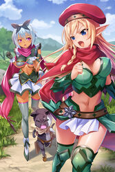  2girls alleyne_(queen&#039;s_blade) alleyne_(queen&#039;s_blade_unlimited) armor belt beret bikini_armor blonde_hair blue_eyes blue_hair blue_sky blush boots bouncing_breasts bow braid breasts cleavage covered_nipples day dress elf feline gloves grey_legwear hairbow hat irma_(queen&#039;s_blade) irma_(queen&#039;s_blade_unlimited) long_hair medium_breasts multiple_girls navel official_art oosaki_shin&#039;ya open_mouth outdoors pink_eyes pointy_ears queen&#039;s_blade queen&#039;s_blade_unlimited queen&#039;s_blade_white_triangle running scarf short_dress short_hair side_braid skindentation sky sweat tan thigh_boots thighhighs tree very_long_hair 