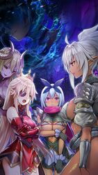  4girls aldra_(queen&#039;s_blade) aldra_(queen&#039;s_blade_unlimited) armor armored_dress black_sclera blonde_hair blue_hair bow breasts cleavage_cutout clothing_cutout colored_sclera colored_skin crown curled_horns dark-skinned_female dark_elf dark_skin delmore demon_girl demon_horns demon_wings dress echidna_(queen&#039;s_blade) echidna_(queen&#039;s_blade_unlimited) elbow_gloves elf eyepatch gauntlets gloves greaves green_eyes grey_hair hairbow highres horns huge_breasts irma_(queen&#039;s_blade) irma_(queen&#039;s_blade_unlimited) large_breasts lips long_hair makeup multiple_girls night no_panties official_art oosaki_shin&#039;ya pink_eyes pink_lips platinum_blonde_hair pointy_ears ponytail purple_skin queen&#039;s_blade queen&#039;s_blade_unlimited queen&#039;s_blade_white_triangle red_eyes revealing_clothes scarf short_dress short_hair sidelocks skindentation snake tan very_long_hair wings 