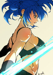  absurdres artist_name bare_shoulders blue_eyes blue_hair breasts crop_top earrings elbow_gloves energy female from_side gloves high_ponytail highres jewelry large_breasts leona_heidern midriff muscular muscular_female sideboob sidelocks solo strikebeagle tank_top the_king_of_fighters 