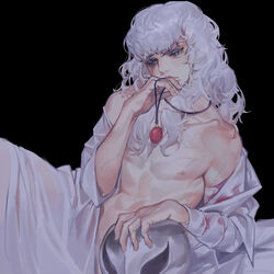  1boy bandaged_arm bandages bare_shoulders behelit berserk blood blood_on_bandages blue_eyes closed_mouth collarbone fingernails grandia_lee griffith_(berserk) helm helmet highres jewelry long_hair lying male_focus navel necklace nipples off_shoulder red_background simple_background solo unworn_headwear unworn_helmet veins white_hair 