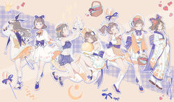  6+girls :o absurdres ankle_ribbon apple apron argyle_clothes argyle_legwear arm_up arms_up back_bow ball bare_arms bare_legs bare_shoulders beads berry bloomers blue_background blue_bloomers blue_bow blue_bowtie blue_bra blue_choker blue_eyes blue_footwear blue_hairband blue_outline blue_ribbon blue_sash blue_scrunchie bob_cut bonnet bow bowtie bra braid breasts brown_footwear buttons candy candy_print chinese_commentary choker closed_eyes closed_mouth clothes_lift collarbone commentary crescent crown dress dress_bow dress_lift elbow_gloves floral_print flower food food-themed_hair_ornament footwear_bow from_behind fruit gloves hair_flower hair_ornament hairband hairbow halo hand_up heart heart_background heart_print hidari_(nanmu-left) high_heels highres holding holding_ball holding_candy holding_food holding_lollipop holding_quill hoop hula_hoop japanese_clothes kimono kneehighs knees_up leg_ribbon legs lifting_own_clothes light_blush light_brown_background light_brown_hair lineup lolita_hairband lollipop long_sleeves looking_afar looking_ahead looking_at_object looking_at_viewer low_twin_braids medium_hair mini_crown multiple_girls open_hand open_hands orange_apron orange_bow orange_eyes orange_flower orange_headwear original outline outstretched_arm oversized_food oversized_object parted_lips pastel_colors picnic_basket pink_bow pink_bowtie pink_eyes plaid plaid_apron plaid_background platform_footwear polka_dot polka_dot_bow puffy_long_sleeves puffy_short_sleeves puffy_sleeves quill red_flower ribbon running sandals sash scrunchie see-through see-through_dress see-through_sleeves short_hair short_sleeves side_ponytail sleeves_past_elbows sleeves_past_wrists small_breasts smile socks sparkle standing star_(symbol) star_print strawberry strawberry_hair_ornament striped_apron striped_bow striped_bowtie striped_clothes striped_kimono sun_print thick_outlines tilted_headwear twin_braids two-sided_fabric two-tone_background two-tone_footwear underwear unworn_crown veil vertical-striped_apron vertical-striped_clothes vertical-striped_kimono white_apron white_dress white_gloves white_headwear white_kimono white_outline white_socks white_veil wide_sleeves wrist_bow wrist_scrunchie yellow_footwear yellow_headwear zouri 