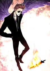  1boy black_wings brown_hair commentary_request crowley_(good_omens) flaming_sword flaming_weapon formal from_above good_omens male_focus miwa_shirow necktie solo standing suit sunglasses wings 