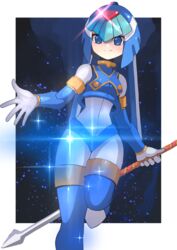  android blue_eyes blue_footwear blue_helmet boots border breasts closed_mouth commentary_request crop_top fairy_leviathan_(mega_man) female glint helmet highres holding holding_polearm holding_weapon leg_up looking_at_viewer mega_man_(series) mega_man_zero_(series) outside_border polearm small_breasts smile solo sparkle spear split_mouth standing standing_on_one_leg tesshii_(riza4828) thigh_boots weapon white_border 