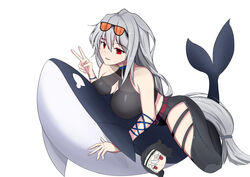  2girls absurdres animal arknights ascot bare_shoulders belt black_pants black_shirt breasts chibi chibi_inset chinese_commentary cleavage clothing_cutout commentary_request crop_top english_commentary eyewear_on_head grey_hair habit hat highres large_breasts long_hair looking_at_viewer low-tied_long_hair mixed-language_commentary multiple_girls nun on_animal open_mouth orca pants qingshuisi_yu_ji red_belt red_eyes shirt skadi_(arknights) smile specter_(arknights) sunglasses thigh_cutout thigh_strap v very_long_hair white_background 