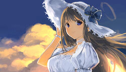  black_hair blue_bow blue_eyes blue_sky bow bracelet breasts choker cleavage closed_mouth cloud cloudy_sky commentary_request dress female halo hand_up hat jewelry large_breasts long_hair looking_at_viewer official_art puffy_sleeves ryouki_(senran_kagura) senran_kagura senran_kagura_new_wave short_sleeves sky solo sun_hat upper_body white_dress white_hat yaegashi_nan 