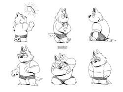  2019 anthro biped bottomwear canid canine canis closed_eyes clothing eyewear gamubear glasses hi_res male mammal monochrome shirt shorts simple_background sitting solo tired topwear wolf 