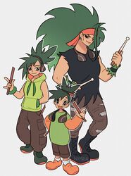  3girls absurdres age_progression black_eyes black_shirt boots bright_pupils brown_pants combat_boots commentary drumsticks english_commentary evolutionary_line freckles green_hair green_hoodie grey_background grookey headband headphones headphones_around_neck high_ponytail highres hood hoodie long_hair multiple_girls muscular muscular_female nymria pants personification pokemon ponytail rillaboom shirt simple_background sleeveless sleeveless_hoodie thwackey tomboy torn_clothes torn_sleeves 