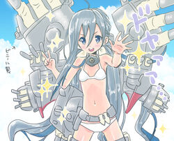  ahoge armpit_crease ass_visible_through_thighs bikini blush breasts bullet cannon cloud cosplay cowboy_shot day female grey_eyes grey_hair hair_between_eyes hair_bun inflatable_toy kantai_collection kikumon kiyoshimo_(kancolle) kujira_naoto long_hair looking_at_viewer low_twintails machinery navel open_mouth range_finder rigging single_hair_bun sky small_breasts smile solo sparkle standing stomach swimsuit teeth thighs translated turret twintails v very_long_hair white_bikini yamato_(kancolle) yamato_(kancolle)_(cosplay) 