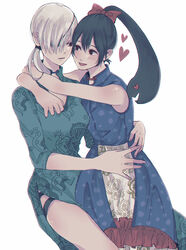  2girls absurdres alternate_costume arms_around_neck arms_around_waist bad_id bad_pixiv_id bare_arms bare_shoulders black_hair blue_dress bow chainsaw_man china_dress chinese_clothes commentary_request dress duplicate futakuchi-onna green_dress heart highres medium_hair multiple_girls pingtsi_(chainsaw_man) pixel-perfect_duplicate ponytail prehensile_hair quanxi&#039;s_group_(chainsaw_man) quanxi_(chainsaw_man) red_bow simple_background sleeves_rolled_up thighs toukaairab white_background white_hair yuri 