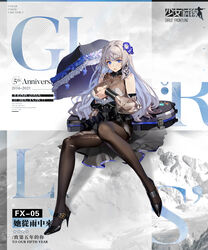  bad_link black_dress black_footwear black_pantyhose black_umbrella blue_eyes breasts character_name copyright_name covering_breasts covering_privates dress female flower fx-05_(girls&#039;_frontline) fx-05_(she_walks_in_the_rain)_(girls&#039;_frontline) girls&#039;_frontline grey_hair hair_flower hair_ornament high_heels highres large_breasts long_hair looking_at_viewer miyazakisoul official_alternate_costume official_art open_mouth pantyhose promotional_art sitting solo torn_clothes torn_dress torn_pantyhose umbrella weapon_case 