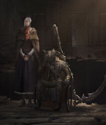  2boys absurdres belt blonde_hair bloodborne bonnet boots burial_blade cloak coat commentary doll_joints dress english_commentary female gloves han_bao hat highres hunter_(bloodborne) jewelry joints mask mouth_mask multiple_boys plain_doll scarf scythe short_hair sitting smile tricorne weapon wheelchair white_hair 