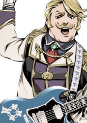  1boy ascot blonde_hair commentary_request electric_guitar eyelashes facial_hair fat fat_man fate/grand_order fate_(series) gibson_sg goredolf_musik guitar instrument male_focus miwa_shirow moustache solo 