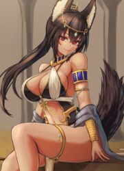  :3 animal_ears ankh anubis_(mythology) armlet bracelet breasts brown_hair choker circlet commentary dark-skinned_female dark_skin egyptian egyptian_clothes egyptian_mythology female gold_trim highres jackal_ears jackal_tail jewelry large_breasts long_hair looking_at_viewer moppo original ponytail red_eyes sitting solo thighlet 