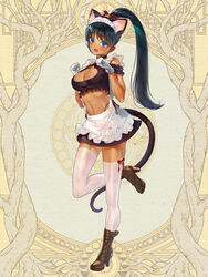  animal_ears animal_print bell black_hair blue_eyes boots breasts brown_footwear cat_ears cat_print cat_tail cleavage dairoku_ryouhei dark-skinned_female dark_skin female gloves hands_up high_heel_boots high_heels jingle_bell large_breasts long_hair maid midriff nyan5000 paw_pose ponytail simple_background skirt solo tail thighhighs toned white_gloves white_thighhighs 