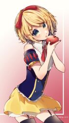  apple black_thighhighs blonde_hair blue_shirt blue_sleeves commentary_request cosplay cowboy_shot detached_sleeves female food fruit garter_straps gradient_background green_eyes hair_ribbon highres holding holding_food holding_fruit kagamine_rin layered_skirt looking_at_viewer manya_sora miniskirt nail_polish neck_ribbon open_mouth pink_background red_apple red_nails red_ribbon ribbon ribbon-trimmed_sleeves ribbon_trim shirt short_hair short_sleeves skirt snow_white_(disney) snow_white_(disney)_(cosplay) snow_white_and_the_seven_dwarfs solo standing swept_bangs thighhighs twitter_username vocaloid white_background wing_collar yellow_skirt zettai_ryouiki 