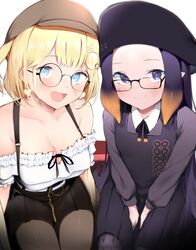  2girls beret between_legs black_dress black_headwear blonde_hair blush breasts brown_headwear cleavage collarbone collared_shirt dress forehead frilled_shirt frills glasses grey_shirt hand_between_legs hat highres hololive hololive_english multiple_girls ninomae_ina&#039;nis ninomae_ina&#039;nis_(casual) off-shoulder_shirt off_shoulder pantyhose purple_hair round_eyewear shirt sitting smile tentacle_hair teriibol virtual_youtuber watson_amelia watson_amelia_(street_casual) white_shirt 