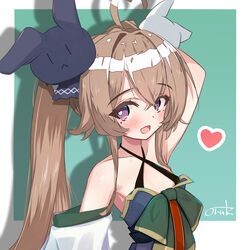  ahoge arm_behind_head arm_up attilio_regolo_(azur_lane) azur_lane bad_id bad_pixiv_id bare_shoulders black_ribbon blush border brown_hair collarbone commentary criss-cross_halter crossed_bangs detached_sleeves female flat_chest green_background hair_between_eyes hair_ornament hair_ribbon halterneck heart heart-shaped_pupils heart_ahoge long_hair looking_at_viewer mole mole_under_eye oerba_yun_fang open_mouth oruk outside_border purple_eyes rabbit_hair_ornament ribbon signature simple_background skin_fang smile solo symbol-shaped_pupils twintails white_border white_ribbon wide_sleeves 