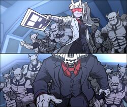  6+boys army avengers:_endgame avengers_(series) black_suit commentary ddolbang demon demon_girl demon_horns female formal gloves helltaker highres horns korean_commentary lab_coat loremaster_(helltaker) marvel marvel_cinematic_universe mechanical_arms multiple_boys necktie red_shirt science_fiction scientist shirt skeleton_(helltaker) subject_67_(helltaker) suit sweatdrop tinted_eyewear white_gloves white_hair white_horns 