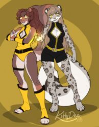  2023 5_fingers alexandra_(baronvondrachen) anthro breasts clothed clothing digital_media_(artwork) duo eyebrows eyelashes felid female fingers hi_res jenny_(ashkelling) kittydee leopard leotard mammal pantherine rodent sciurid smile tree_squirrel yellow_eyes 