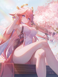  absurdres animal_ears bare_legs bare_shoulders blush breasts cherry_blossoms closed_mouth commentary_request crossed_bangs crossed_legs dangle_earrings detached_sleeves earrings feet_out_of_frame female floppy_ears floral_print fox_ears from_below gem genshin_impact gold_earrings hair_between_eyes hair_flaps hair_ornament hand_in_own_hair headgear highres japanese_clothes jewelry juuhachi_kin_(anthonyy1821) large_breasts legs lens_flare long_hair long_sleeves looking_at_viewer nontraditional_miko outdoors panties pantyshot pink_fur pink_hair pink_panties purple_eyes purple_gemstone ribbon-trimmed_clothes ribbon_trim rope sakuramon shimenawa shinto sideboob sitting sleeveless sleeveless_turtleneck smile solo taut_clothes thick_thighs thighs tomoe_(symbol) torii turtleneck underwear wide_sleeves yae_miko 