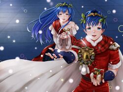  1boy aplche blue_eyes blue_hair box brother_and_sister cape elice_(fire_emblem) elice_(winter)_(fire_emblem) female fingerless_gloves fire_emblem fire_emblem:_mystery_of_the_emblem fire_emblem_heroes fur_trim gift gift_box gloves holding holding_gift long_hair long_sleeves marth_(fire_emblem) marth_(winter)_(fire_emblem) open_mouth own_hands_clasped own_hands_together short_hair short_sleeves siblings tiara 