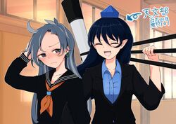  2girls absurdres blue_hair blue_shirt business_suit closed_eyes collared_shirt formal gem grey_eyes grey_hair grey_shirt handkerchief hat highres himemushi_momoyo holding holding_tripod iizunamaru_megumu indoors kaisenpurin medium_hair mullet multiple_girls neckerchief orange_neckerchief pointy_ears school_uniform shirt suit telescope tokin_hat touhou tripod 