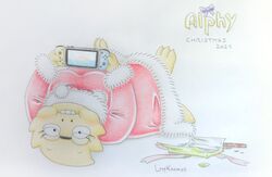  2021 alphys anthro blush bow_tie breasts buckteeth clothed clothing digital_media_(artwork) english_text eyewear feet female fingers fully_clothed glasses glasses_askew hi_res holding_console holding_nintendo_switch ladykappa95 lizard looking_at_viewer lying nintendo nintendo_switch non-mammal_breasts on_back present_wrap puffed_cheeks reptile santa_coat scales scalie signature simple_background solo tail teeth text thick_tail toes undertale_(series) yellow_body yellow_scales 