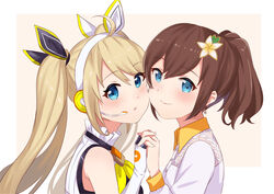  2girls :o blonde_hair blue_eyes blush brown_hair collared_shirt fingerless_gloves gloves hana_macchia hana_macchia_(1st_costume) head_tilt headset highres indonesian_commentary kyuzuki89 long_hair looking_at_viewer multiple_girls nijisanji nijisanji_id open_mouth ponytail shirt short_hair smile twintails virtual_youtuber white_gloves white_shirt zea_cornelia zea_cornelia_(1st_costume) 