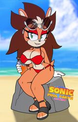  anthro auntymoira beach beverage big_breasts bikini blush blush_lines breasts clothing collar colored drinking_straw eyewear eyewear_on_head fan_character female gloves green_eyes hair handwear hi_res lagomorph leporid lionhead_rabbit long_ears long_hair looking_at_viewer makeup mammal mane rabbit seaside sega sitting smoothie solo sonic_the_hedgehog_(series) sunglasses sunglasses_on_head sunny swimwear white_clothing white_gloves white_handwear zamboni_(oc) 