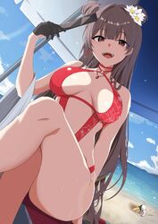  bare_shoulders beach blue_sky blunt_bangs breasts brown_hair canine casual_one-piece_swimsuit cleavage cleavage_cutout clothing_cutout double_bun earrings female flower gloves goddess_of_victory:_nikke hair_bun half_gloves hand_fan highres holding holding_fan jewelry kana_(wucz8478) long_hair medium_breasts necklace one-piece_swimsuit open_mouth outdoors red_eyes sidelocks sky sleeveless smile solo_focus swimsuit volt_(nikke) yan_(nikke) yan_(sunrise_market)_(nikke) 