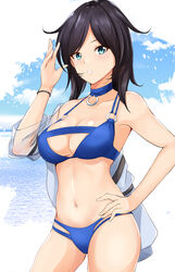  absurdres ark_royal_(azur_lane) ark_royal_(coast_watcher)_(azur_lane) azur_lane bikini black_hair blue_bikini blue_choker blue_eyes breasts center_opening choker cleavage cleavage_cutout clothing_cutout commentary_request covered_nipples cowboy_shot female hand_on_own_hip haneramu highres large_breasts looking_at_viewer multi-strapped_bikini navel o-ring ocean official_alternate_costume parted_lips short_hair solo swimsuit 