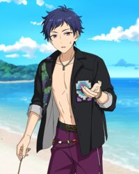  1boy beach blue_hair bracelet cloud cowboy_shot dark_blue_hair drawstring ensemble_stars! fingernails food fruit fushimi_yuzuru grape_print grapes happy_elements holding holding_stick jewelry long_sleeves looking_at_viewer male_focus mole mole_under_eye necklace ocean official_art open_clothes outdoors parted_lips purple_eyes roaring_sea_marina_(ensemble_stars!) short_bangs short_hair sleeves_rolled_up solo stick third-party_source 