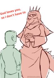  anthro aquilops artist_name bald biped breasts ceratopsian closed_eyes clothed clothed_anthro clothed_female clothed_human clothed_male clothing colored dialogue dinosaur duo eddodoodle english_text facial_horn female fingers frown hair hands_together horn human humanoid_hands larger_anthro larger_female looking_at_another male mammal marginocephalian medium_breasts non-mammal_breasts nun_habit nun_outfit open_mouth open_smile ornithischian prehistoric_species religious_clothing reptile restricted_palette scalie shirt simple_background size_difference smaller_human smaller_male smile spiked_tail spikes spikes_(anatomy) standing tail talking_to_another text topwear white_background wide_hips 