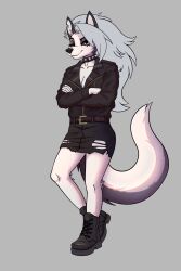  anthro belt boots bottomwear canid canid_demon canine clothing crossed_arms demon female footwear hellaverse hellhound helluva_boss hi_res jace_apollo jacket leather leather_clothing leather_jacket leather_topwear looking_at_viewer loona_(helluva_boss) mammal mythological_canine mythological_creature mythology shoes skirt solo tail topwear 