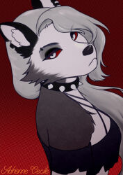  2021 adrianne_cecile anthro artist_name breasts canid canid_demon canine clothing collar demon digital_media_(artwork) ear_piercing eyebrow_piercing facial_piercing female fur grey_body grey_fur grey_hair hair hellaverse hellhound helluva_boss hi_res loona_(helluva_boss) mammal mythological_canine mythological_creature mythology notched_ear piercing red_sclera solo spiked_collar spikes text topwear white_body white_eyes white_fur 