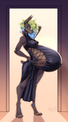  2026 4_toes anthro barbell_piercing belly big_belly black_clothing black_dress blue_hair_tips breasts brown_body brown_fur clothing digital_drawing_(artwork) digital_media_(artwork) digitigrade dress ear_piercing ear_ring ear_stud english_description eyebrow_barbell eyebrow_piercing facial_piercing feet female fur green_eyes green_hair hair hair_over_eye hand_behind_own_head hand_on_butt hand_on_own_butt hand_on_own_neck hi_res huge_belly humanoid_hands hyper hyper_belly hyper_pregnancy long_hair long_nails looking_at_viewer navel navel_outline outie_navel piercing pregnant pregnant_anthro pregnant_female prosthetic prosthetic_arm prosthetic_limb ring_piercing short_tail smile smiling_at_viewer solo tail tan_body tan_fur tiggybloom toes 
