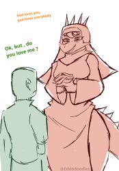  anon_(snoot_game) anthro aquilops artist_name bald biped breasts cavemanon_studios ceratopsian clothed clothed_anthro clothed_female clothed_human clothed_male clothing colored dialogue dinosaur duo eddodoodle english_text facial_horn female fingers frown goodbye_volcano_high hair hands_together horn human humanoid_hands ko_op_(game_developer) larger_anthro larger_female looking_at_another looking_down male mammal marginocephalian medium_breasts non-mammal_breasts nun_habit nun_outfit open_mouth open_smile ornithischian prehistoric_species religious_clothing reptile restricted_palette rosa_(gvh) scalie shirt simple_background size_difference smaller_human smaller_male smile snoot_game spiked_tail spikes spikes_(anatomy) standing tail talking_to_another text topwear white_background wide_hips 