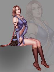  alternate_costume audia_pahlevi boots brown_hair female final_fantasy final_fantasy_x final_fantasy_x-2 heterochromia looking_at_viewer ponytail short_hair sitting solo yuna 