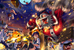  &gt;_&lt; 6+boys 6+girls against_wall arm_up battle beard box building christmas clenched_teeth closed_eyes commentary_request explosion facial_hair flying full_moon gingerbread_man glowing glowing_eyes gun hiding highres long_sleeves moon multiple_boys multiple_girls night night_sky open_mouth original outdoors pants photoshop_(medium) saliva santa_claus santa_costume scared school school_uniform serafuku shirt sitting sky tears teeth walkie-talkie wavy_mouth weapon white_shirt window wolksheep yellow_eyes 