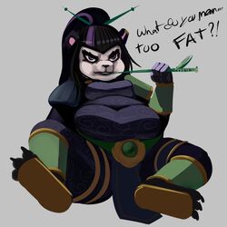  1:1 anthro aya_blackpaw bear belly big_belly black_hair blizzard_entertainment breasts dialogue english_text female hair hearthstone hi_res love_handles mammal metalforever obese obese_anthro obese_female overweight overweight_anthro overweight_female pandaren purple_eyes solo text warcraft 