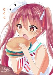  :o bare_arms bare_shoulders blush brown_hair burger cheese commentary_request dark-skinned_female dark_skin diagonal-striped_clothes diagonal-striped_neckerchief dress eating eyelashes female flying_sweatdrops food hair_between_eyes hair_ribbon hands_up highres hizaka holding holding_food kantai_collection lettuce libeccio_(kancolle) long_hair neckerchief oerba_yun_fang one-hour_drawing_challenge open_mouth raised_eyebrows red_eyes ribbon sailor_collar sailor_dress sesame_seeds simple_background sleeveless sleeveless_dress solo striped_clothes striped_neckerchief table twintails twitter_username white_background white_dress white_sailor_collar wide-eyed 