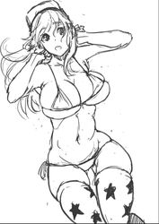  bikini breasts cleavage commentary female greyscale headphones hikari123456 large_breasts long_hair looking_at_viewer midriff monochrome navel nitroplus open_mouth skindentation solo star_(symbol) star_print super_sonico swimsuit thighhighs 