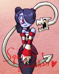  bare_shoulders blue_skin closed_eyes detached_collar detached_sleeves english female hair_over_one_eye jonathan_kim leviathan_(skullgirls) long_hair official_art purple_hair red_eyes side_ponytail skull skullgirls smile solo squigly_(skullgirls) standing stitched_mouth striped striped_sleeves zombie 