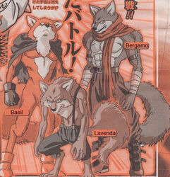  abs anthro basil_(dragon_ball) bergamo biceps brother_(lore) brothers_(lore) canid canine canis cape clothing coyote dragon_ball dragon_ball_super fox group japanese lavender_(dragon_ball_super) mammal muscular obliques official_art overalls pecs scarf sibling_(lore) simple_background text triceps wolf 