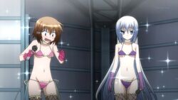  bikini blush eucliwood_hellscythe g_string_bikini haruna_(kore_wa_zombie_desu_ka?) kore_wa_zombie_desu_ka? lace_collar lace_edges long_blue_hair microphone mizugi short_brown_hair sparkles surprised 