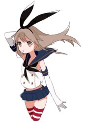  bad_id bad_pixiv_id blonde_hair brown_eyes elbow_gloves enji_(nk) female gloves hairband kantai_collection long_hair sailor_collar shimakaze_(kancolle) skirt solo striped_clothes striped_thighhighs thighhighs 