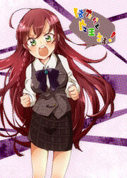  braid clenched_hands commentary_request female green_eyes hataraku_maou-sama! long_hair open_mouth pencil_skirt photoshop_(medium) polka_dot red_hair ribbon simple_background skirt solo speech_bubble yusa_emi yutsuchi 