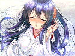  amakano black_hair blush breasts cleavage closed_eyes female flower game_cg hair_flower hair_ornament large_breasts long_hair miko open_mouth piromizu takayashiro_sayuki 