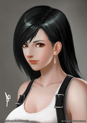  accuracy0 black_hair breasts commentary english_commentary female final_fantasy final_fantasy_vii long_hair photoshop_(medium) shirt solo suspenders tank_top taut_clothes taut_shirt tifa_lockhart 